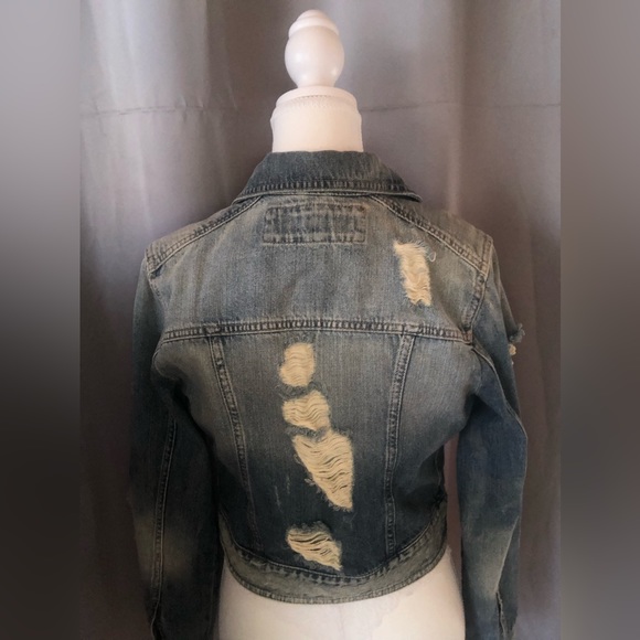 Express Slightly Cropped Distressed Jean Jacket - Picture 3 of 5